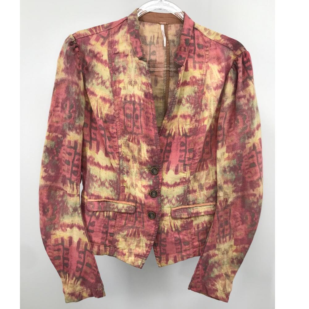 Free People Ikat Colorful Print 3 Button Blazer Jacket Size 10